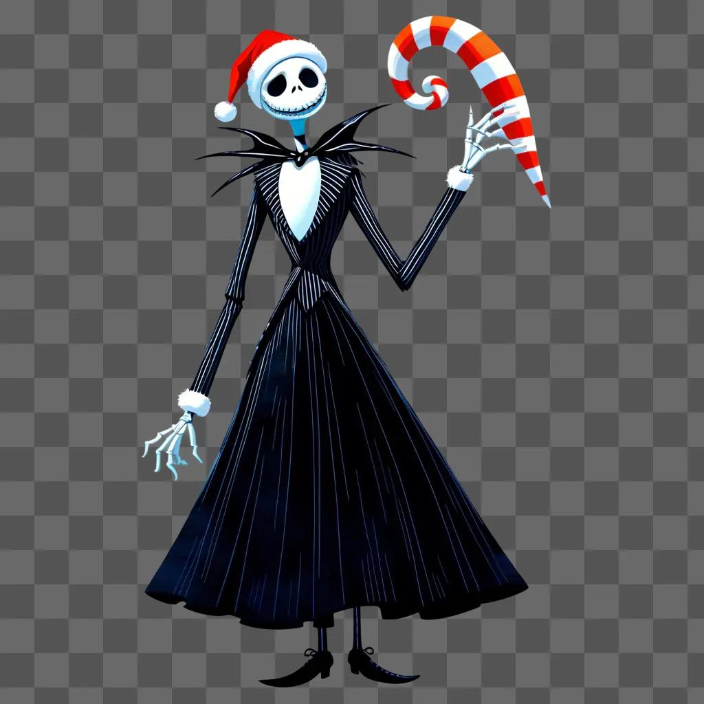 Skeleton Jack Skellington holding candy cane in a black outfit