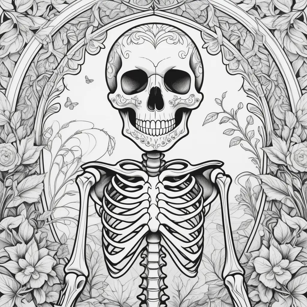 Skeleton coloring pages: black and white art of a skeleton