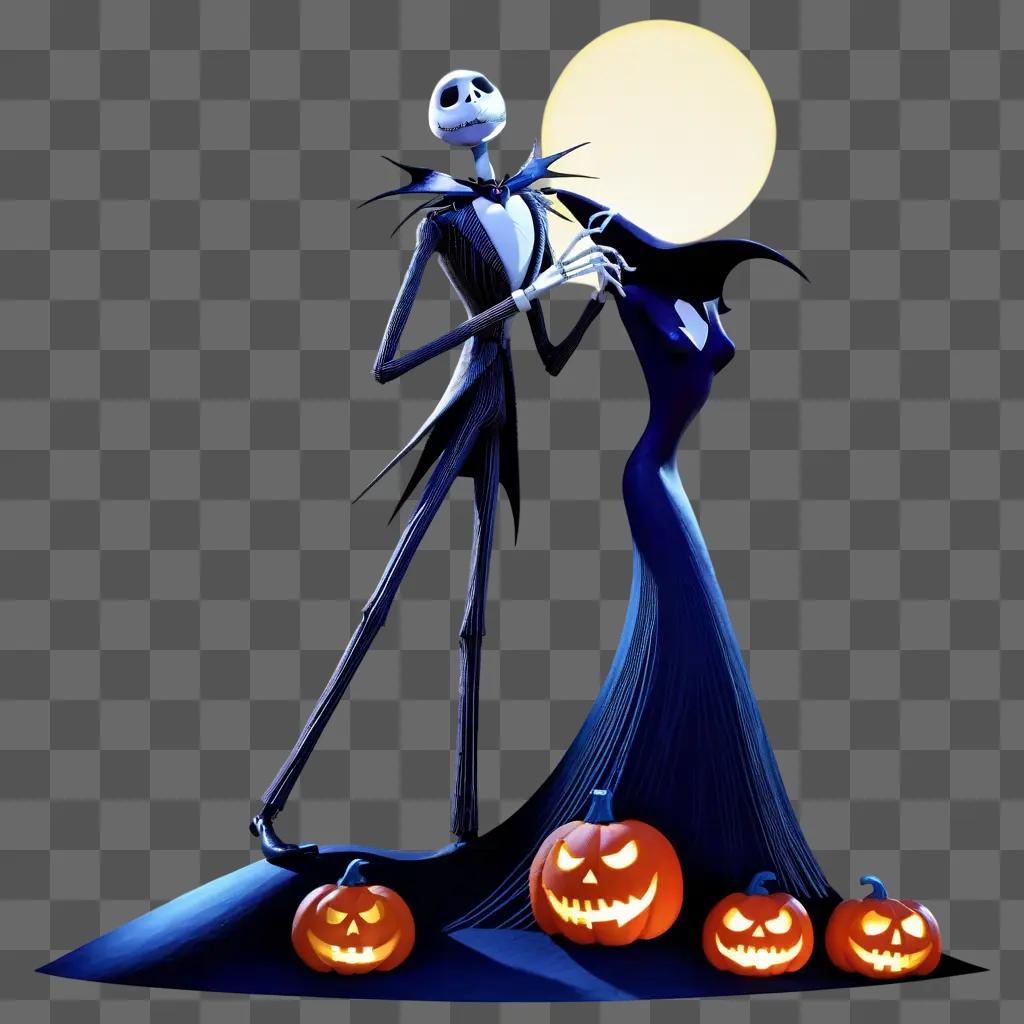 Skeleton in nightgown with Jack-o-lanterns