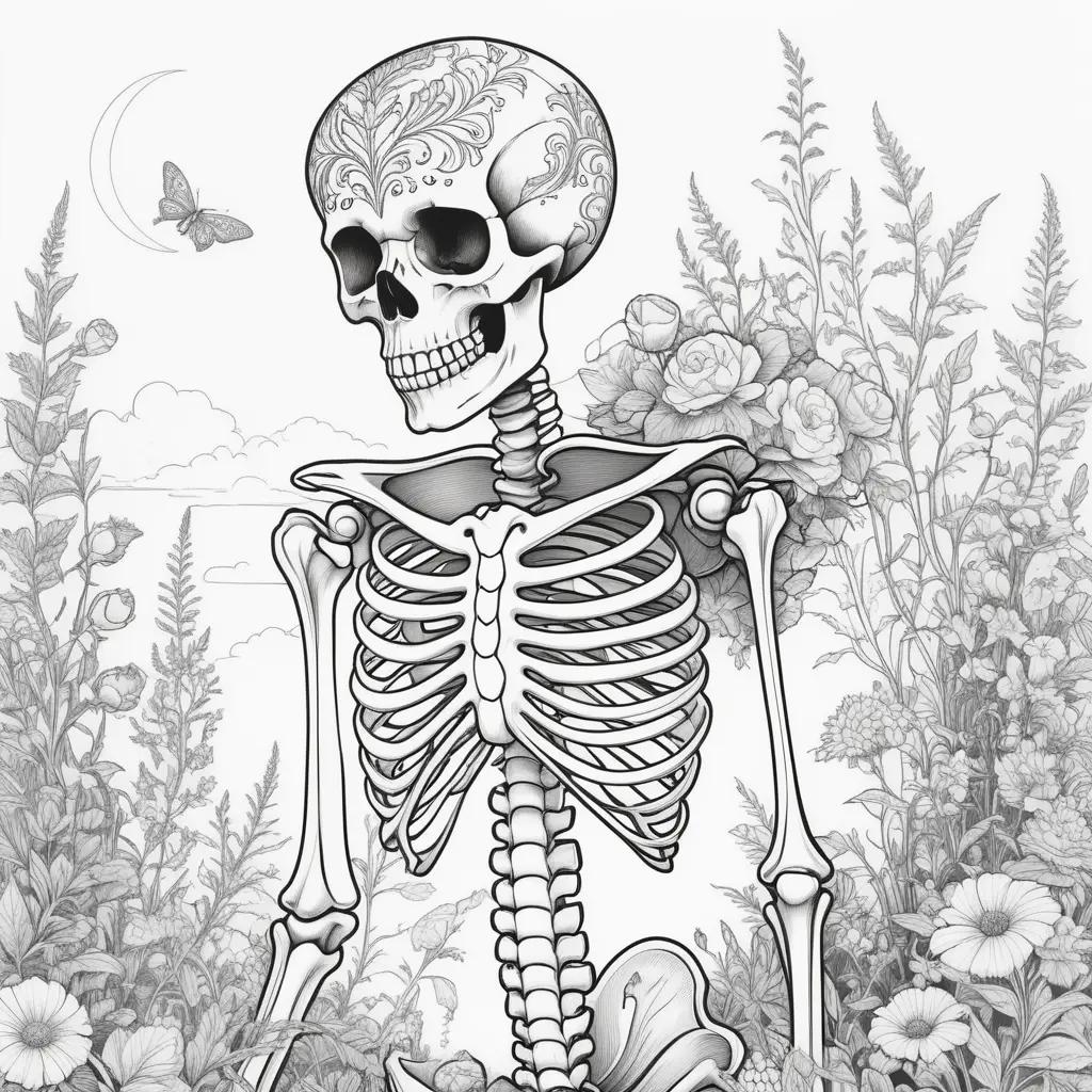 Skeleton with flowers and butterflies in a field coloring pages