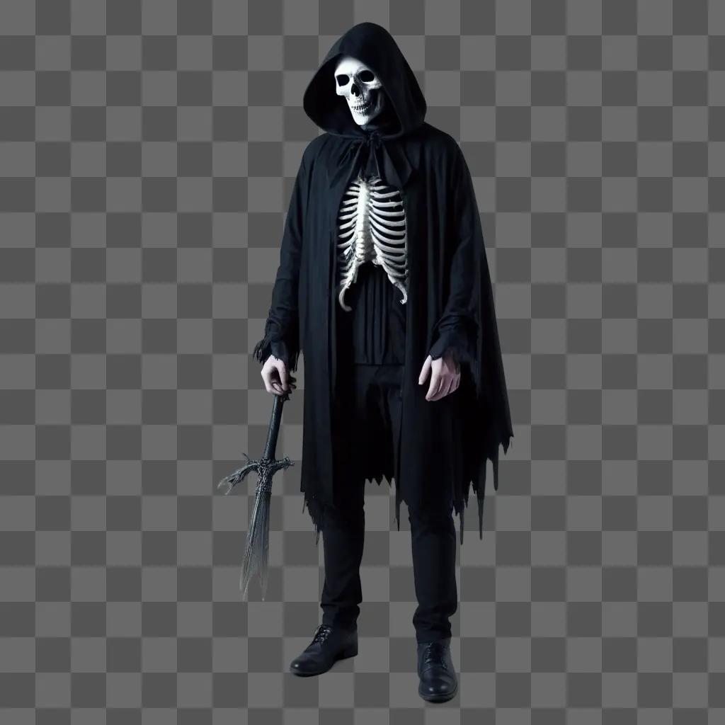 Skeleton with sword stands alone in dark