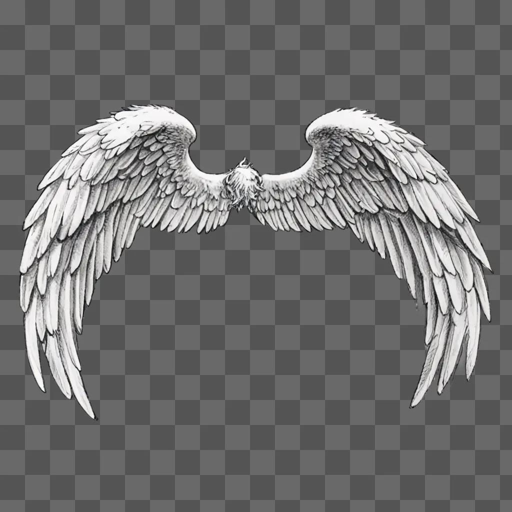 Sketch drawing of a large angel wing on a gray background