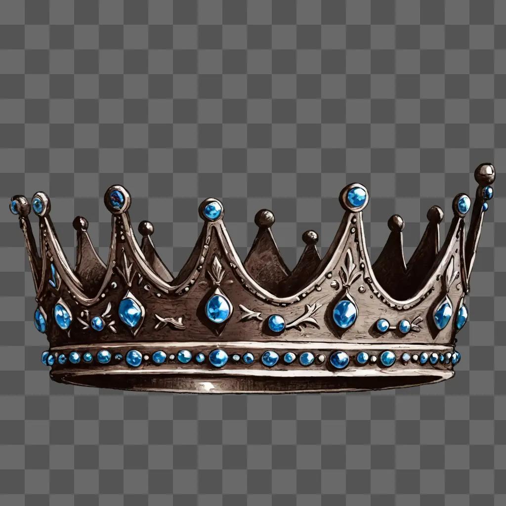 Sketch of a crown with blue jewels on a gray background