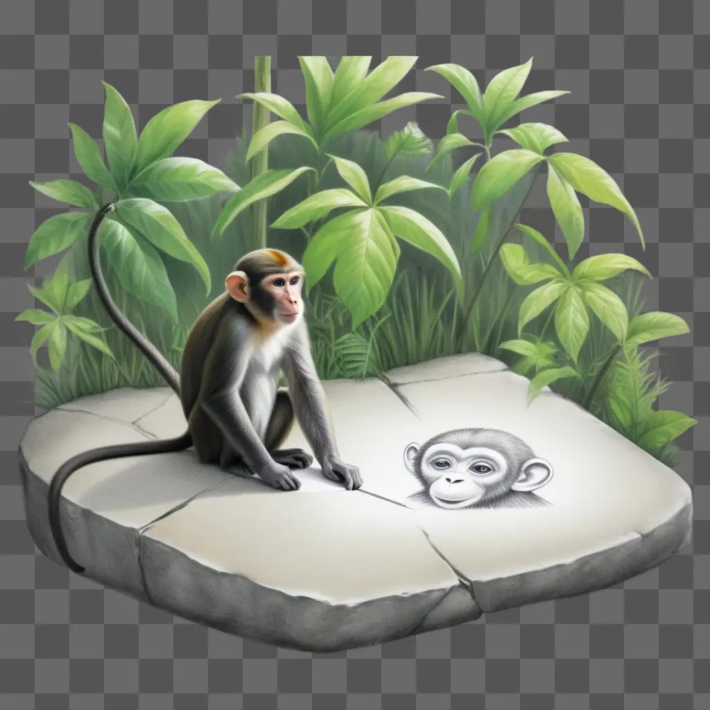 猿の絵を描いた岩の上の猿のスケッチ