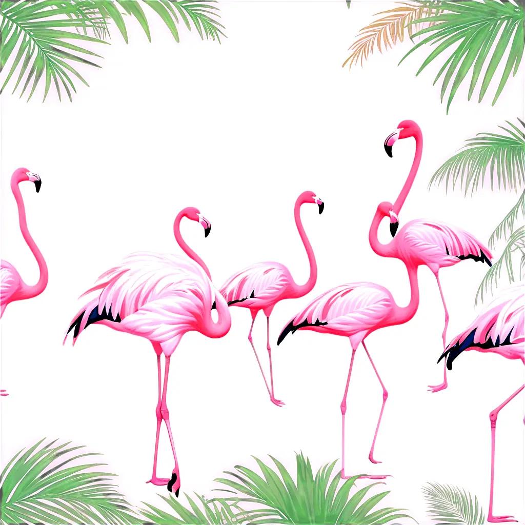 Sketch of flamingos with green leaves and leaves