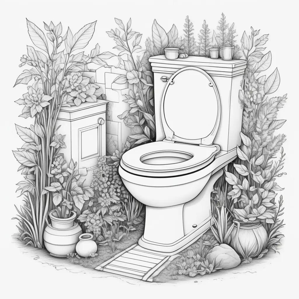 スキビディ ぬりえ:鉢植えの花で植物でいっぱいのトイレ