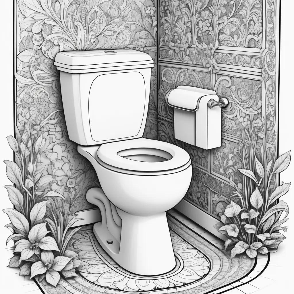 スキビディトイレのぬりえ:植物や花が咲くトイレの白黒スケッチ