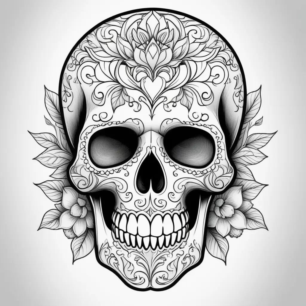 Skull coloring page with intricate details and leafy design