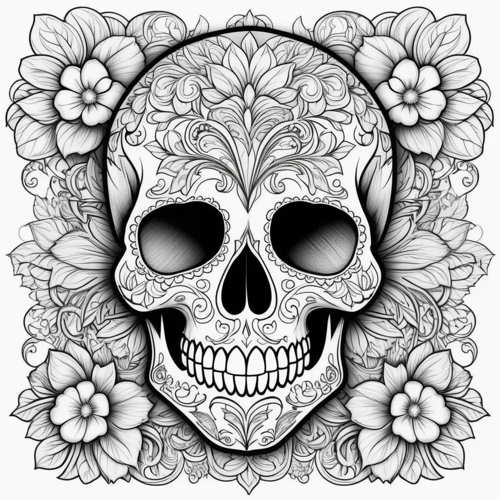 Skull coloring pages with floral designs around