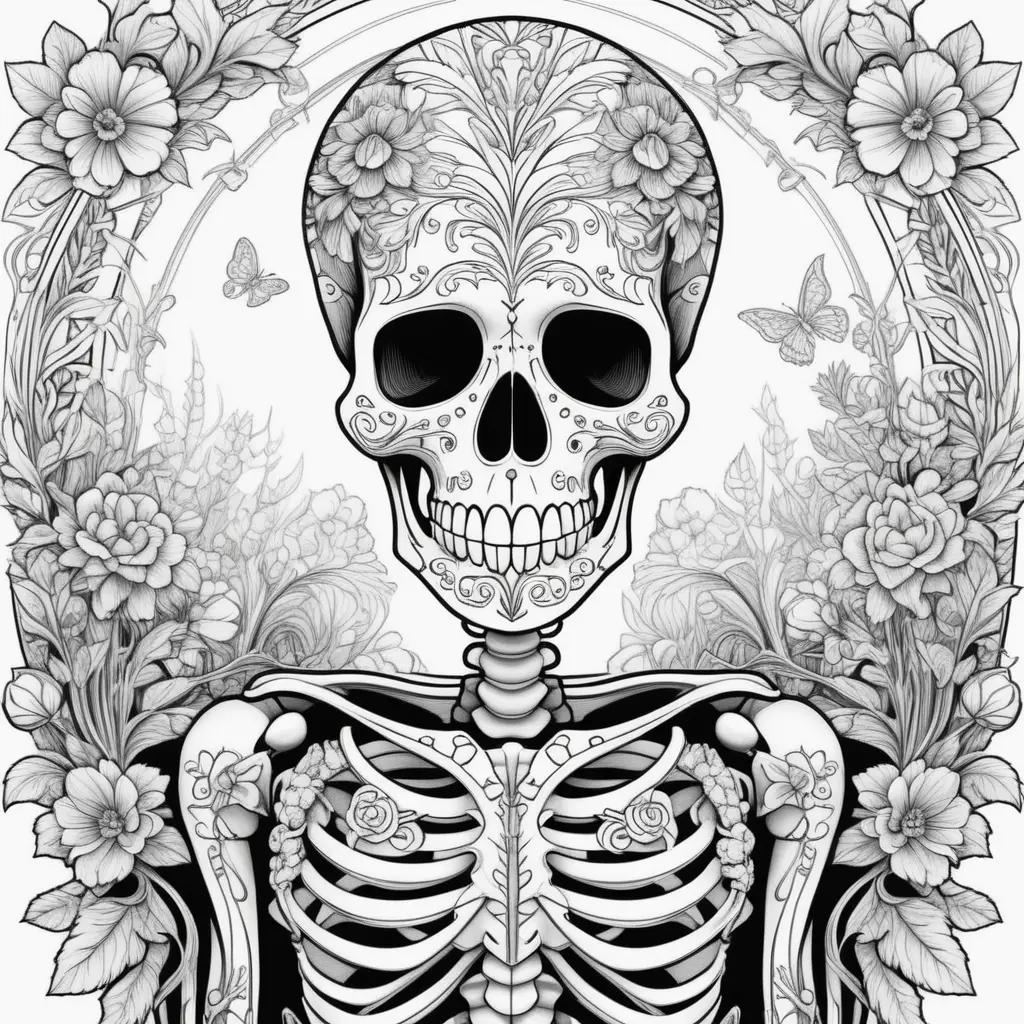 Skull coloring pages with flowers and butterflies