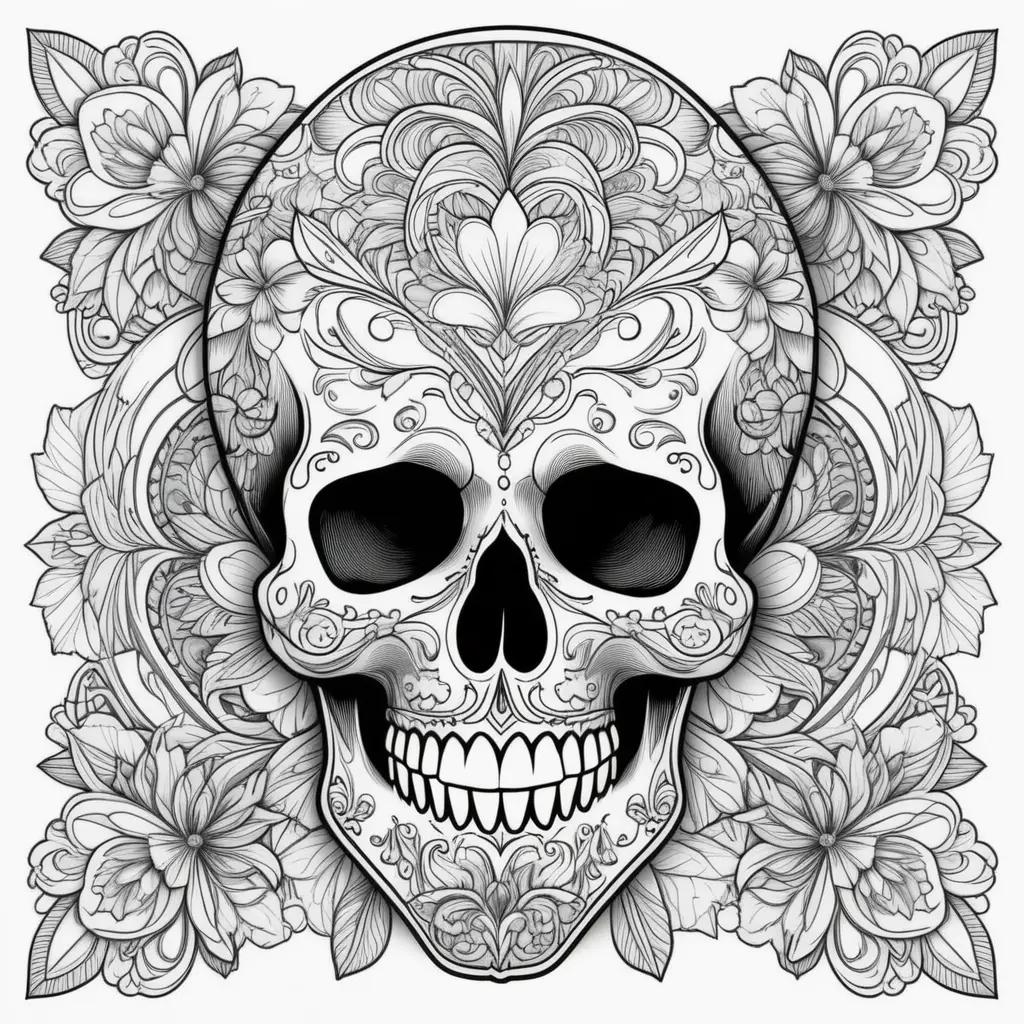 Skull coloring pages with intricate details and floral designs