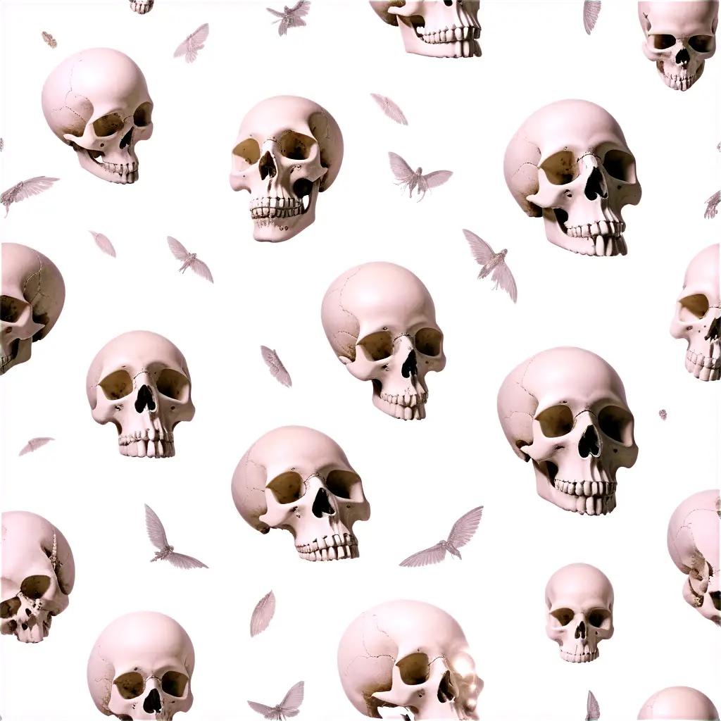 Skulls are shown in a pattern against a white background