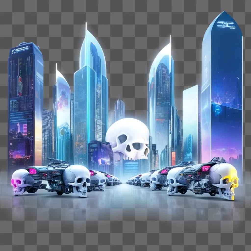 Skulls in a city with neon lights