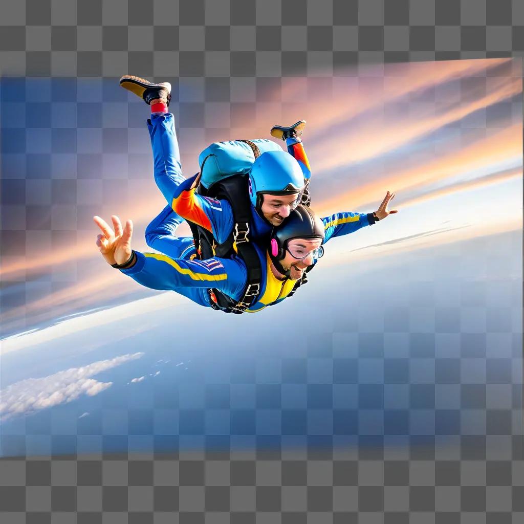 Skydiving on the edge of a cliff with a colorful sky background