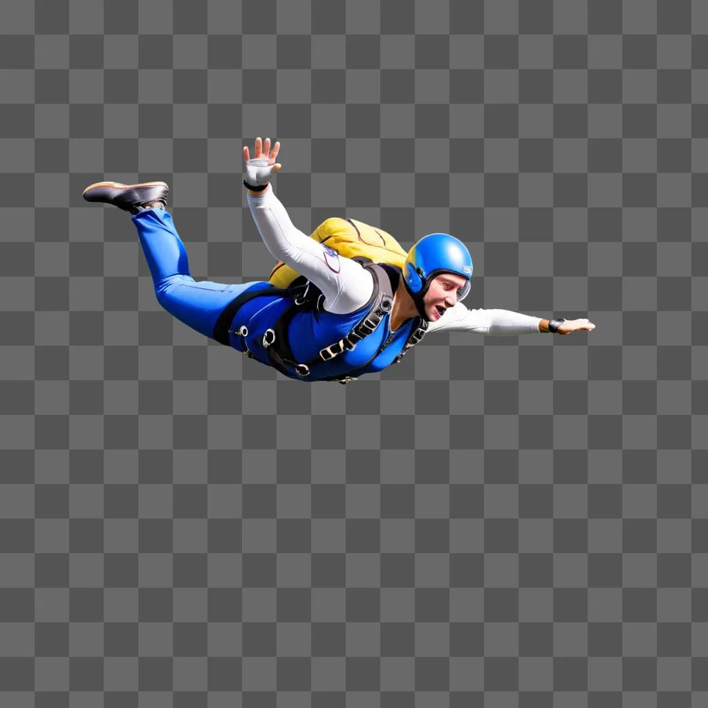 Skydiving with a yellow backpack and blue helmet