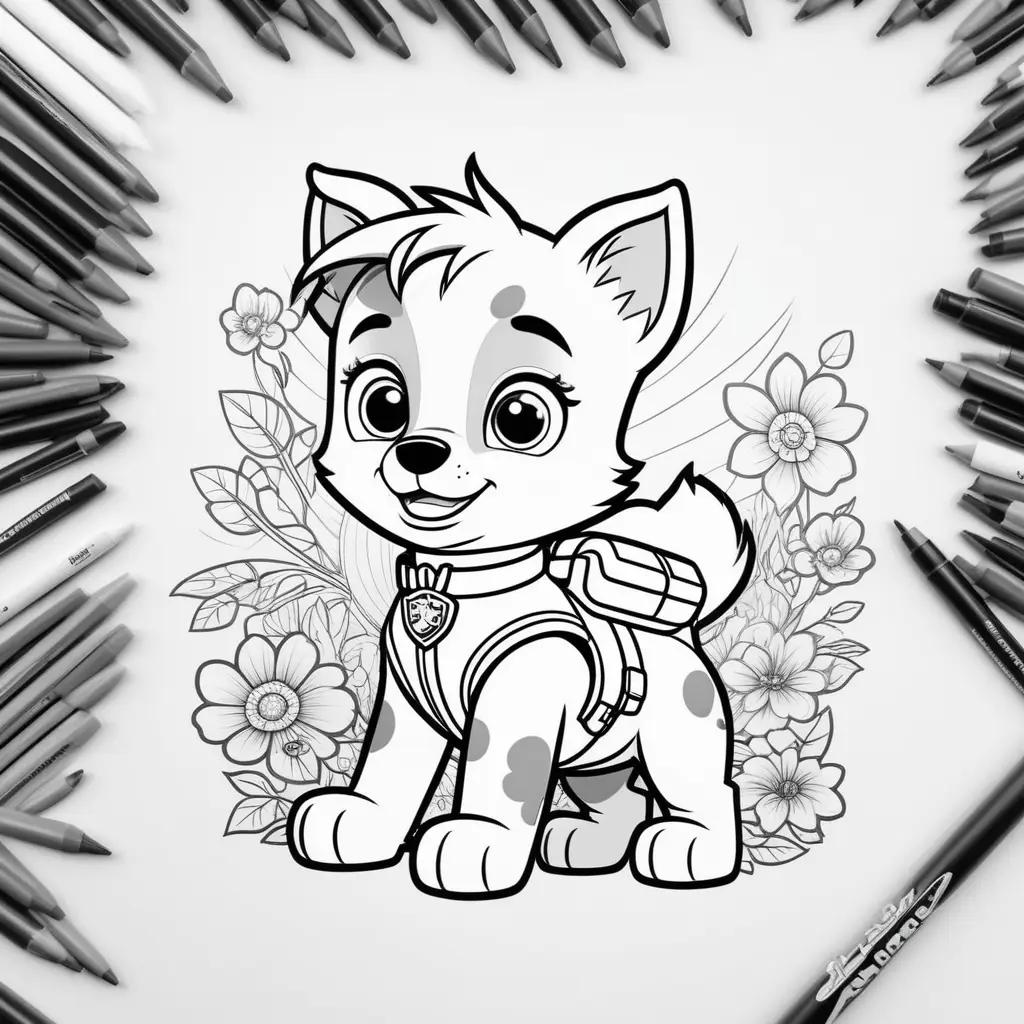 Skye coloring page from Paw Patrol with markers around her