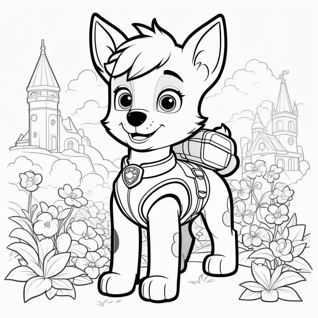 Skye coloring pages with Paw Patrol characters in the background