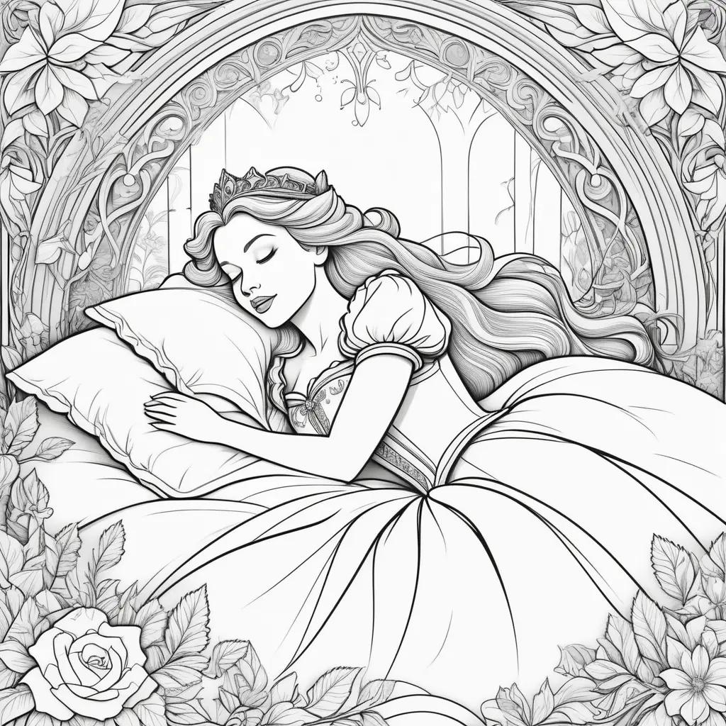 Sleeping Beauty coloring pages: Princess, roses, crown, pillow, and more