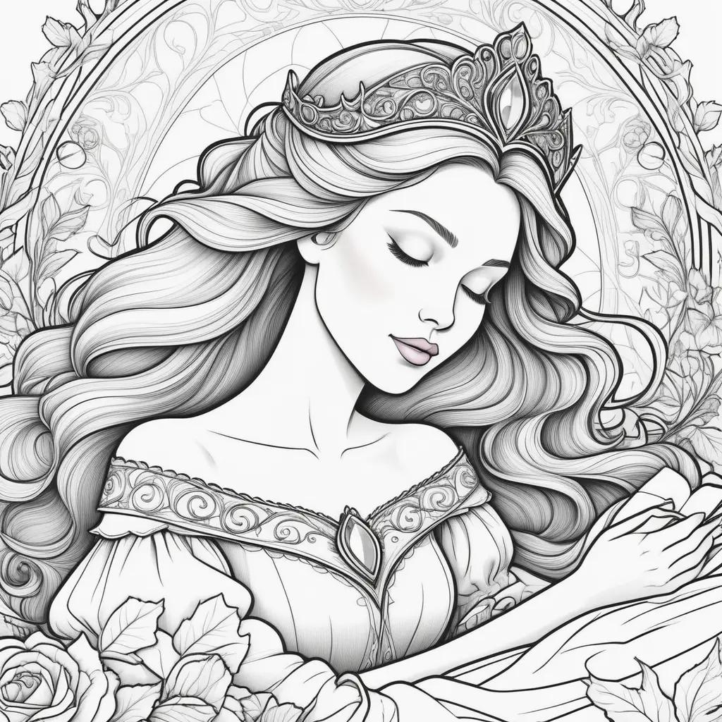 Sleeping Beauty coloring pages with a crown and roses