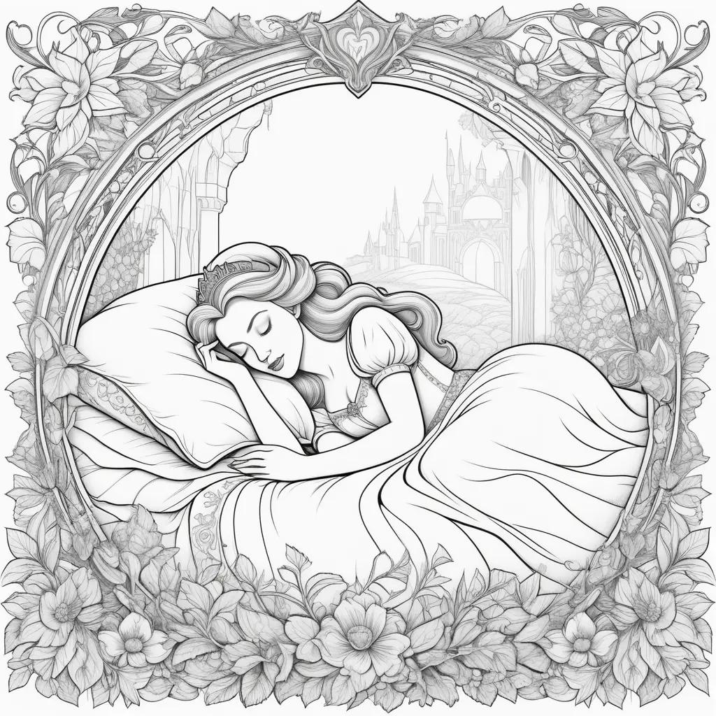 Sleeping Beauty coloring pages with a princess and castle