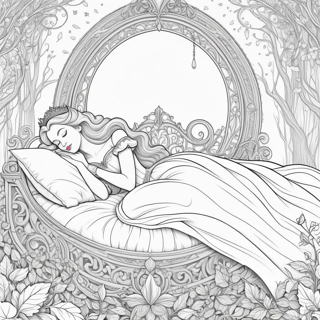 Sleeping Beauty coloring pages with crown and pillow