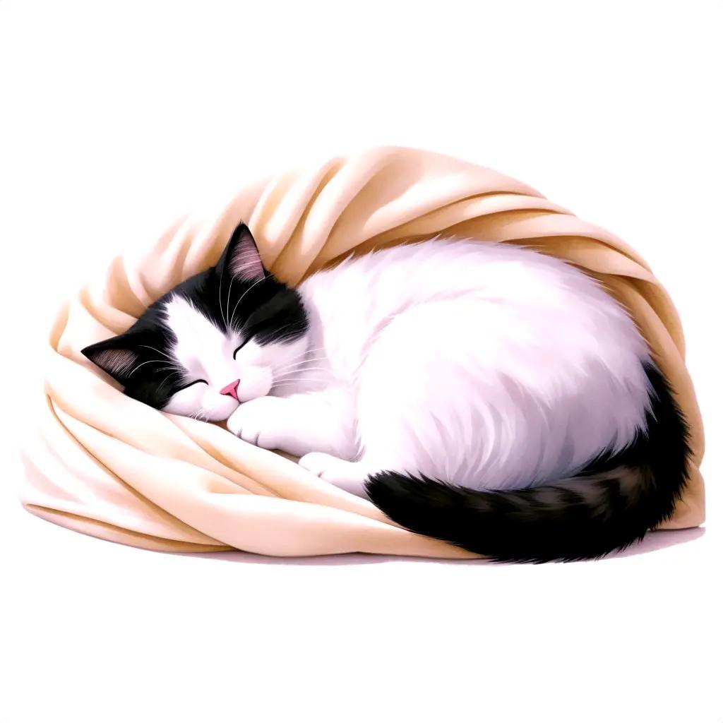 毛布に包まれて眠る白黒の猫