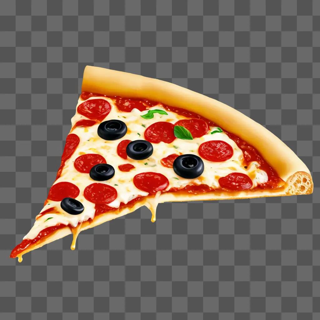 Slice of pizza clipart with black olives on a brown background