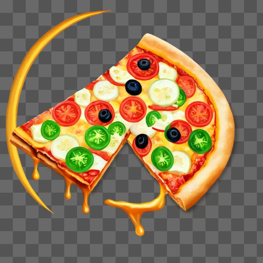 Slice of pizza with toppings on a brown background