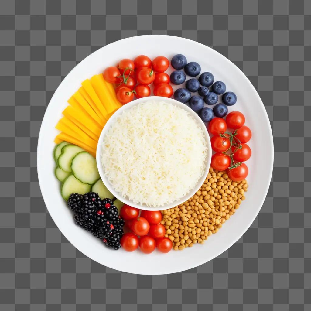 Sliced fruit and vegetables in a bowl with rice