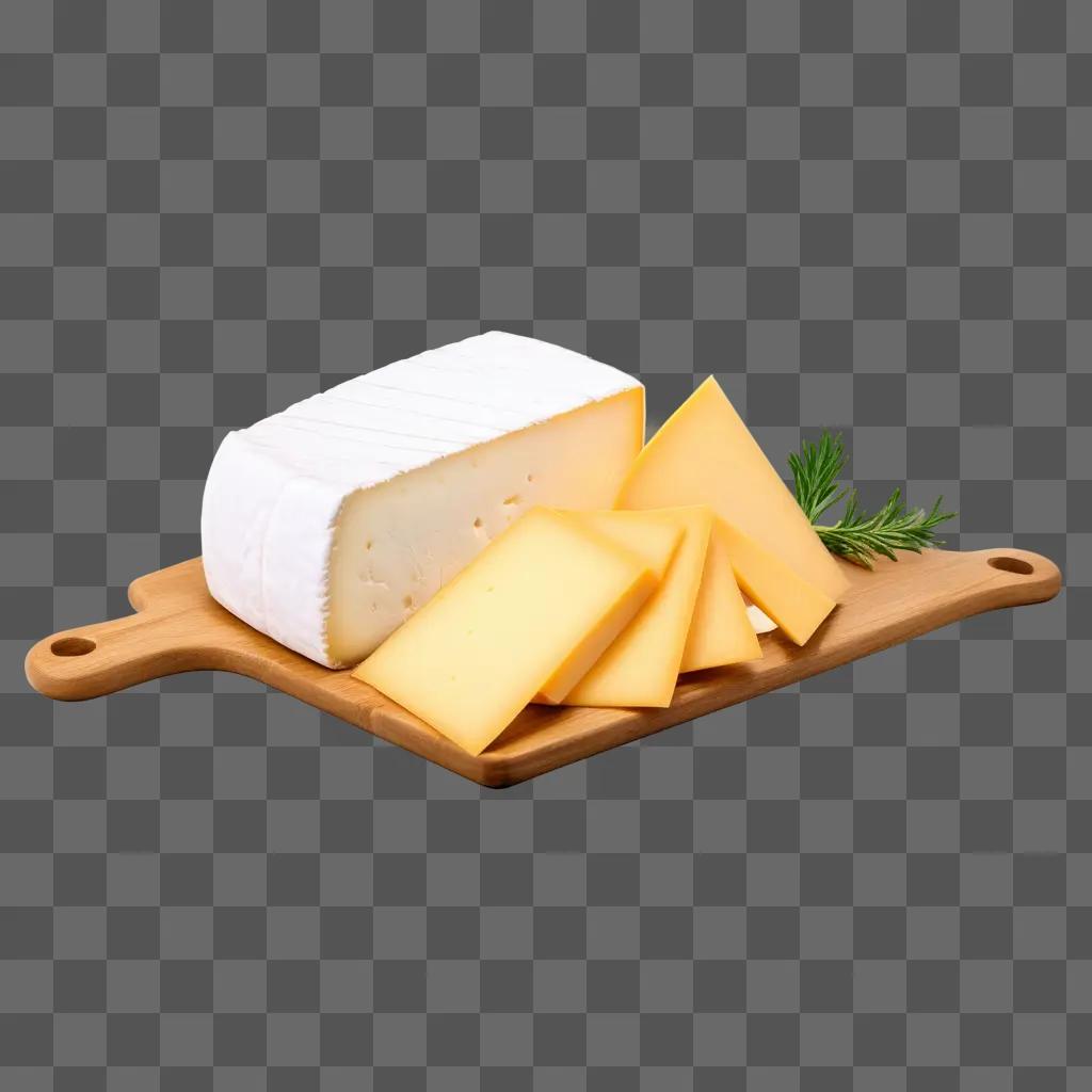 Slices of cheese are on a wooden board