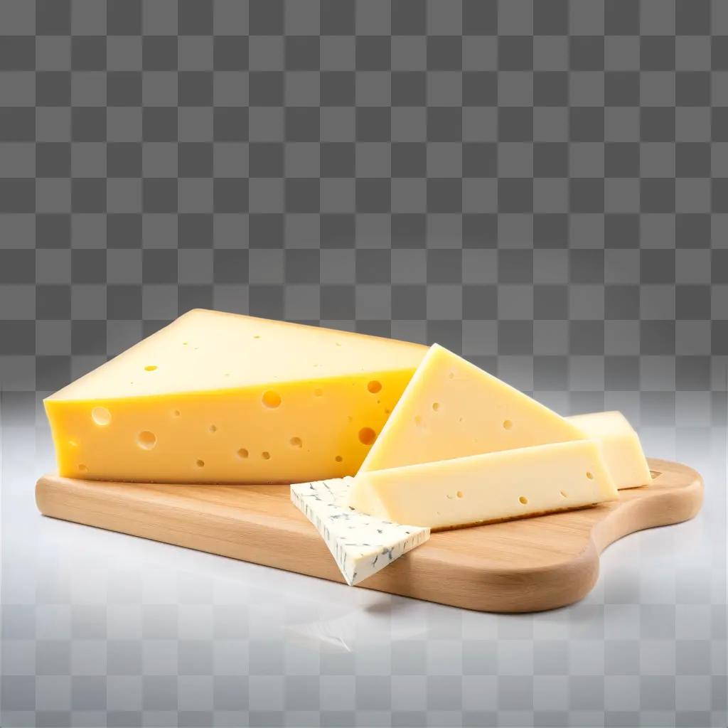 Slices of cheese on a wooden board with a bright background