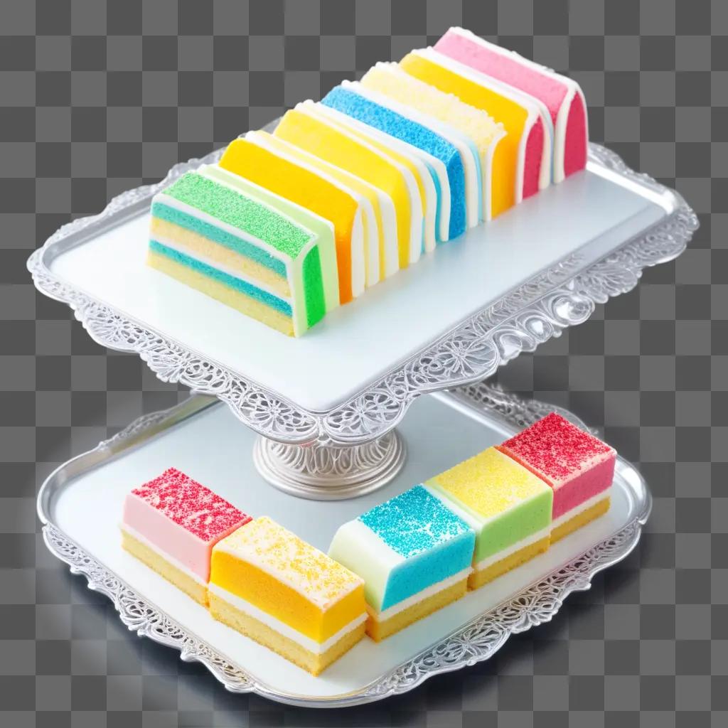 Slices of colorful cake on silver tray