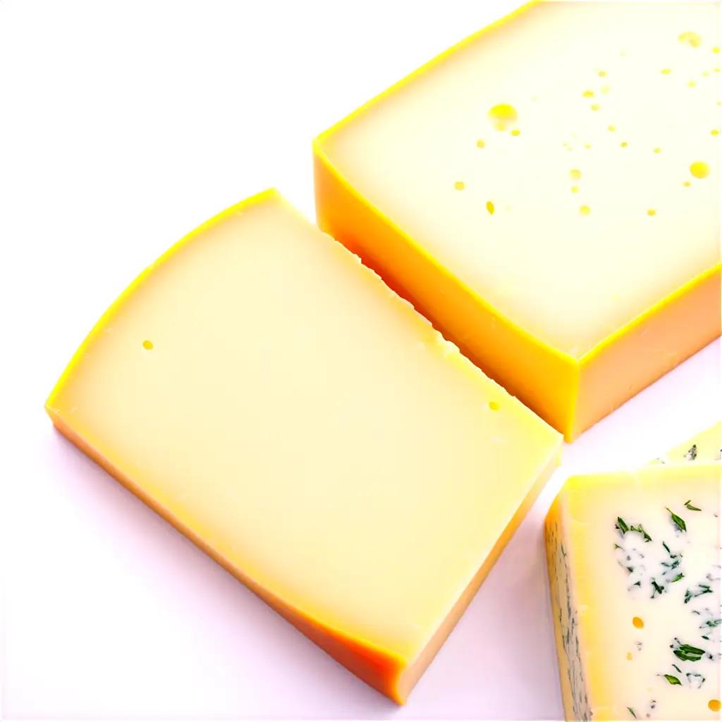 Slices of yellow cheese with green herbs on a white background