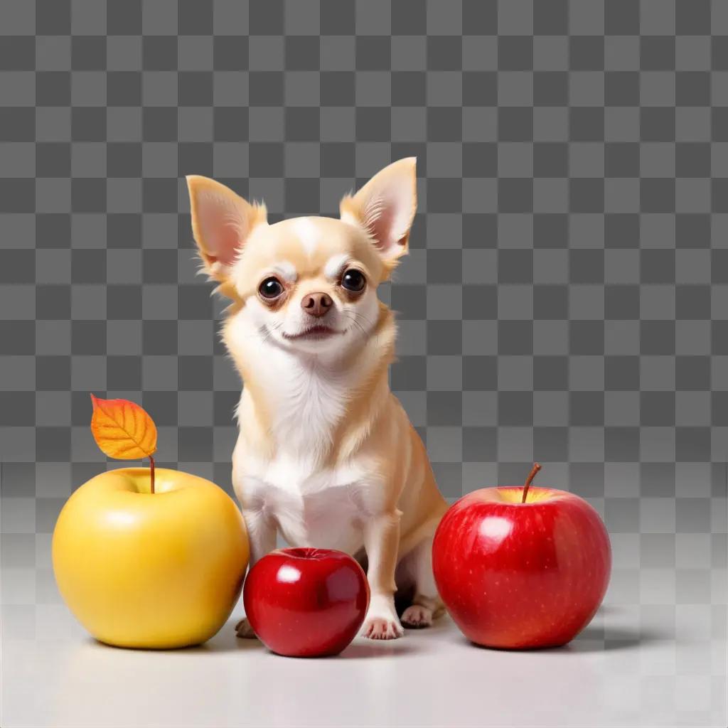 Small chihuahua sits beside apples and a leaf