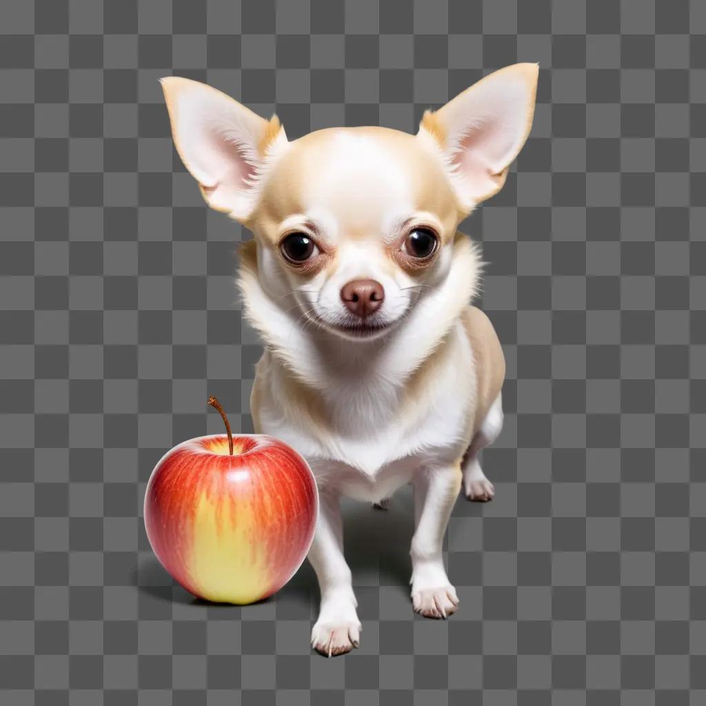 Small dog with apple head sits with apple