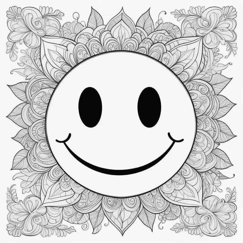 Smiley face coloring page with black and white flowers