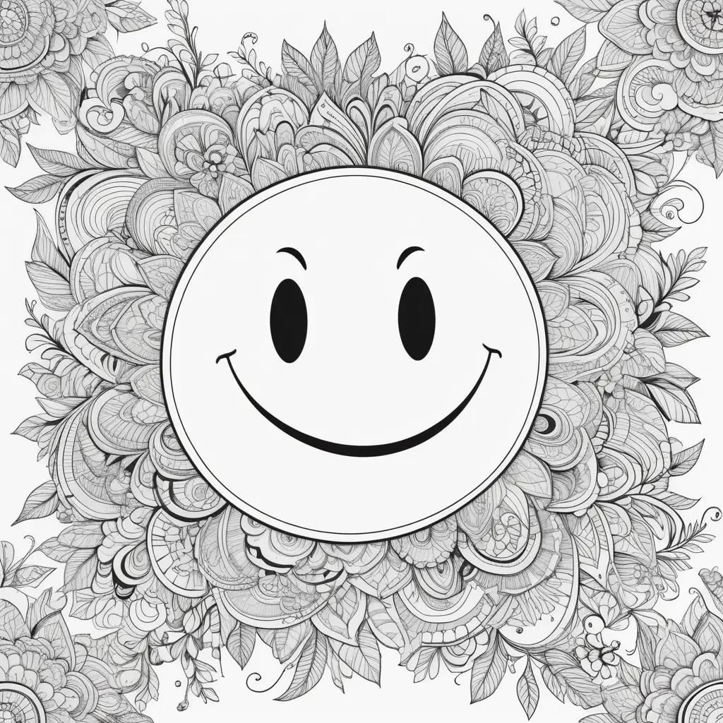 Smiley face coloring page with floral background