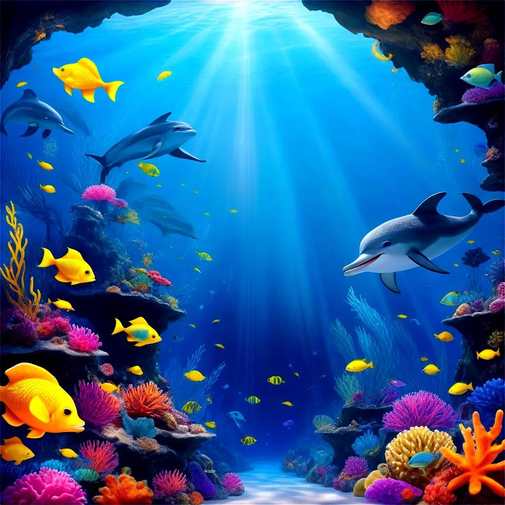 Smiling fish swim in colorful underwater world