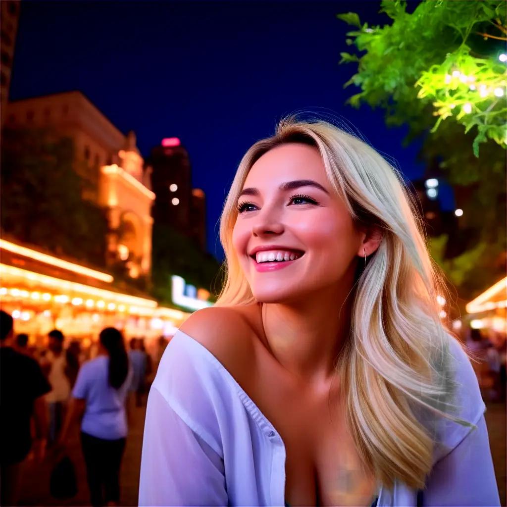 Smiling girl at night market with city lights