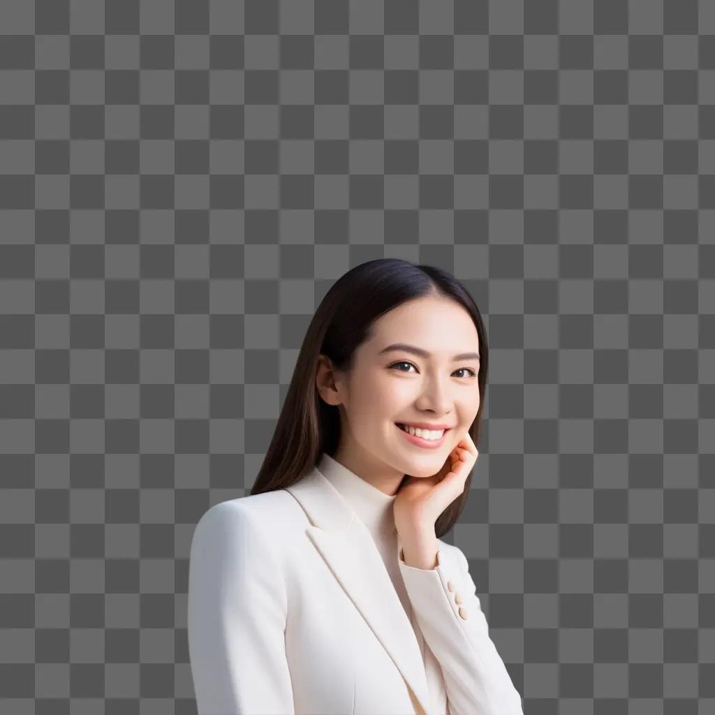 Smiling woman in a white jacket with a transparent smile