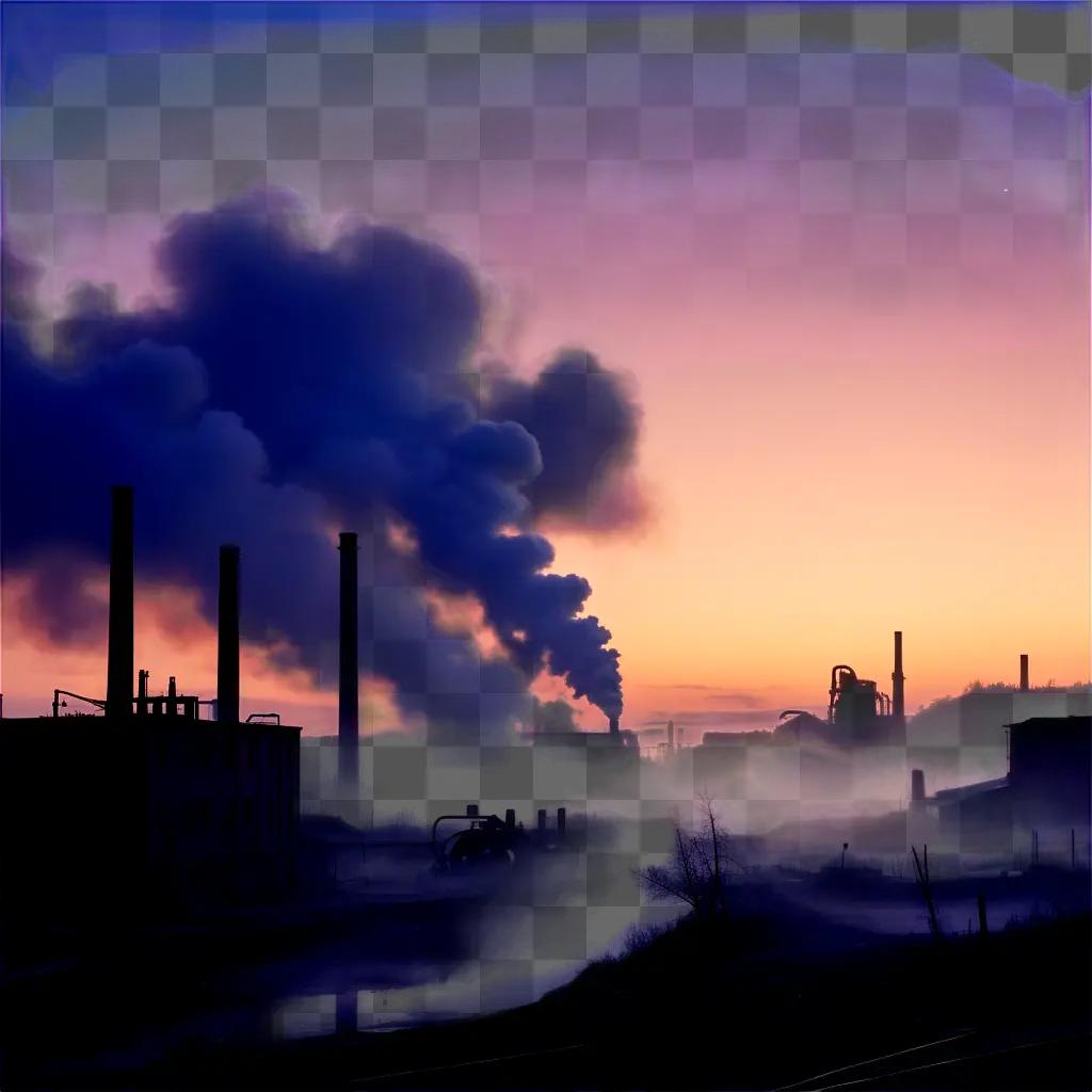 Smog billows from industrial smokestacks at sunset