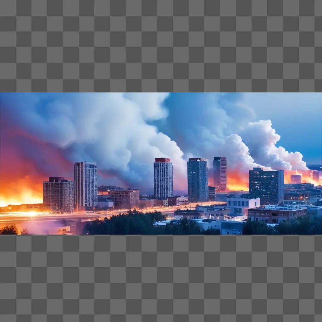 Smoke billows over a cityscape at sunset