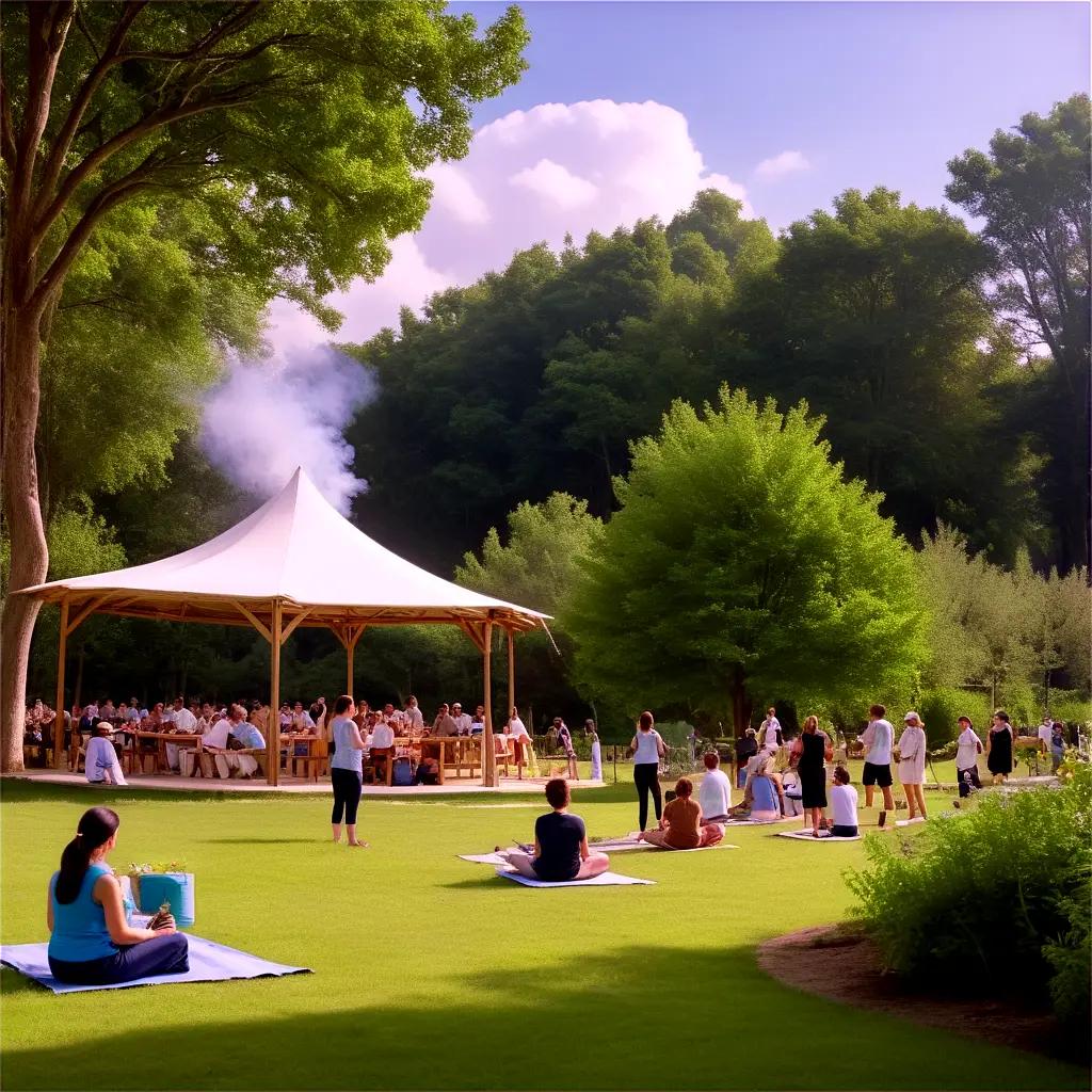 Smokefree park gathering people under a white tent