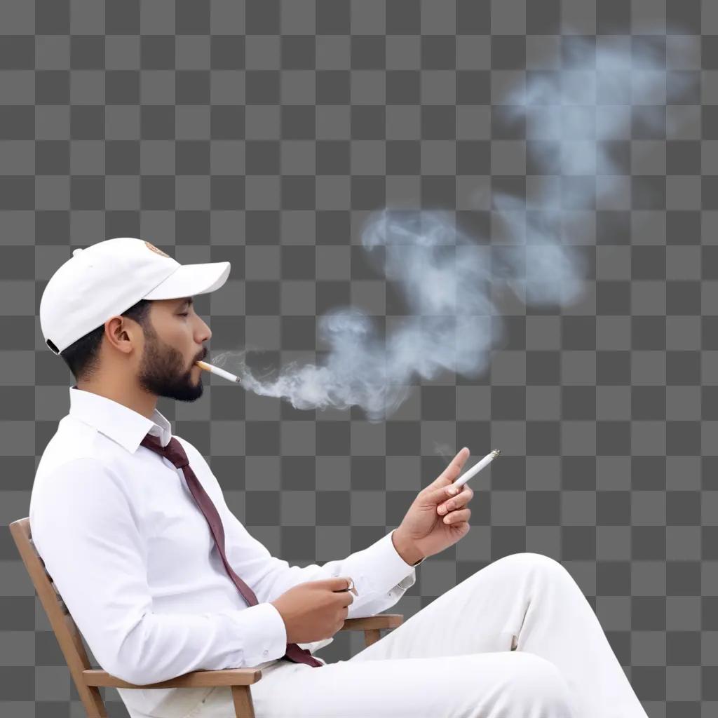 Smoker in white shirt smoking with blue smoke