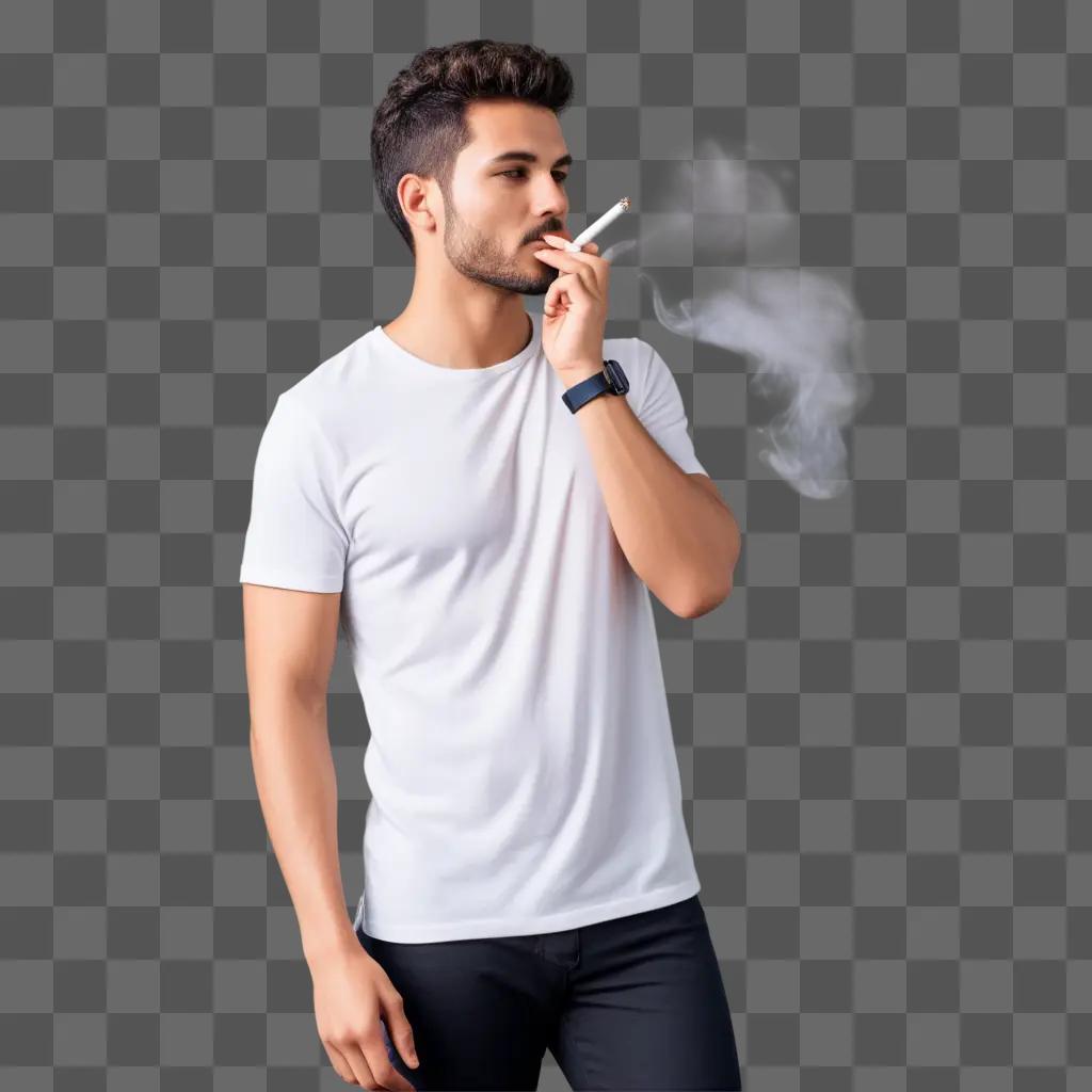 Smoking man in white shirt and pants