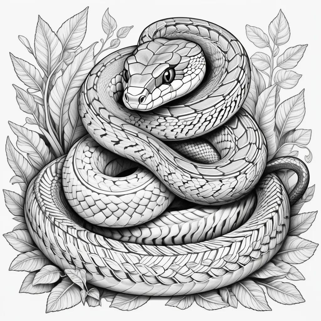 Snake Coloring Page - A drawing of a snake with leaves in the background