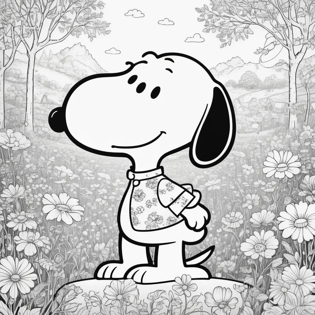 Snoopy coloring pages, a cute dog, and a field of flowers