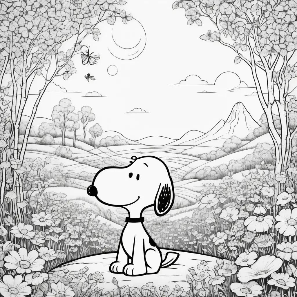 Snoopy coloring pages: cute dog sitting in a field