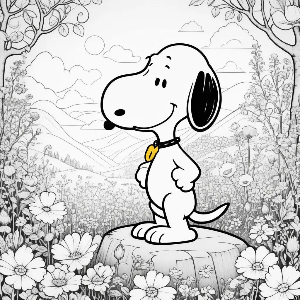 Snoopy coloring pages featuring a cute dog in a flower garden