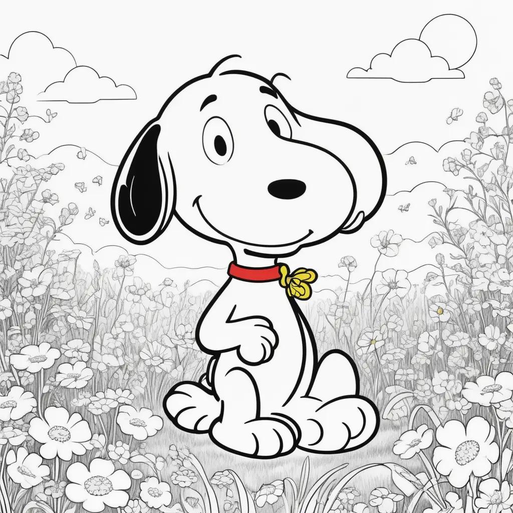 Snoopy coloring pages with flowers and clouds